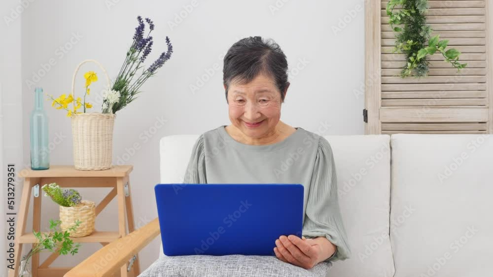 リビングでノートパソコンを使う高齢者女性