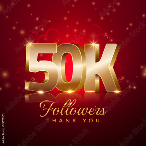 Thank you 50 thousand followers happy celebration banner 3d style red and gold background