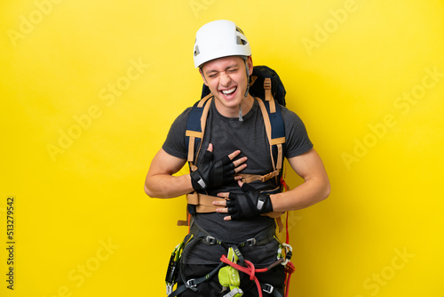 Fotografering Young rock climber Brazilian man smiling a lot
