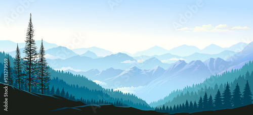 A landscape of cloudy mountains and a view of a vast forest. 