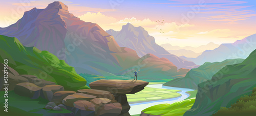 A scenery of beautiful mountains and a tourist standing above a large boulder.
