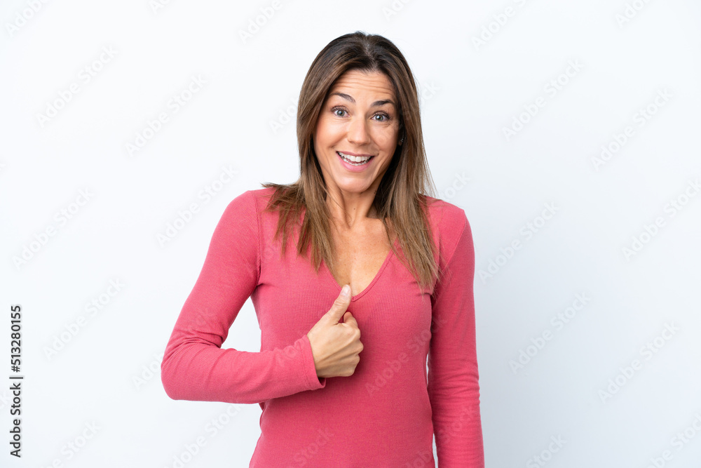 Middle age caucasian woman isolated on white background with surprise facial expression Middle age caucasian woman isolated on white background with surprise facial expression