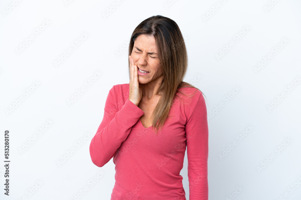Middle age caucasian woman isolated on white background with toothache