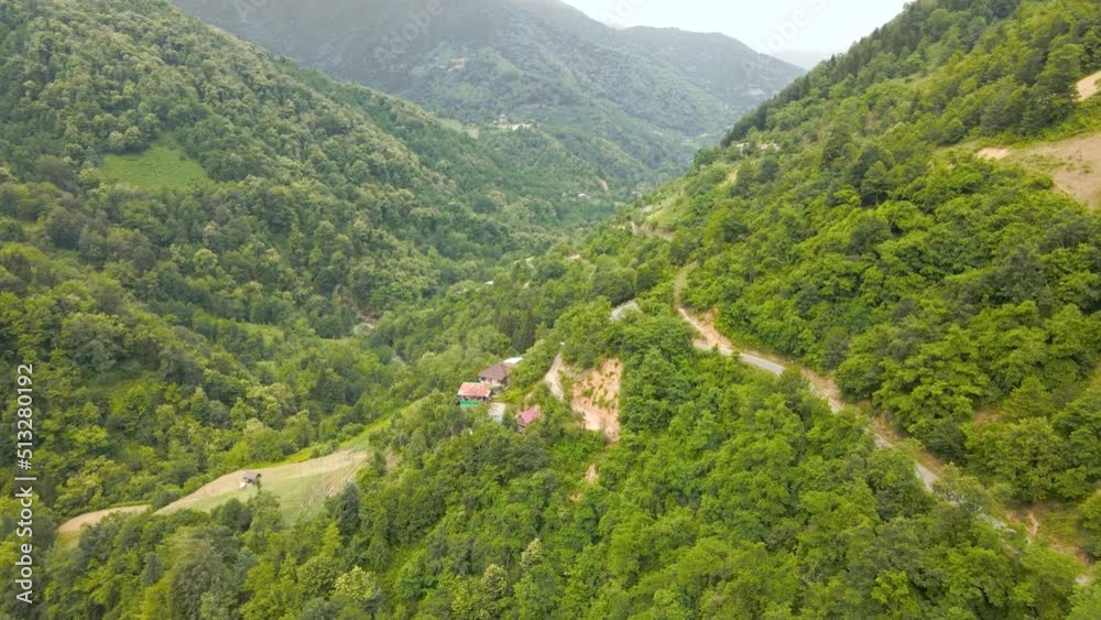 drone flight over the mountains and mountain road. Adjara. Georgia
