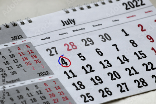 Calendar for 2022 with a circled date of july 4. USA Independence Day.