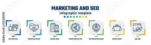 marketing and seo concept infographic design template. included big paper bill, download folder, federal bank, round euro button, big protection shield, women puser, add link icons and 7 option or photo