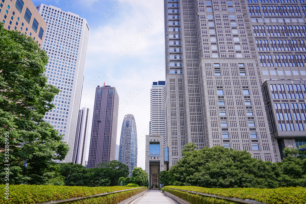 新宿中央公園と東京都庁を結ぶ虹の橋から西新宿の超高層ビル群