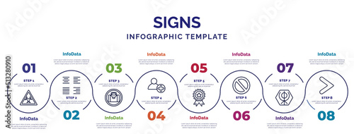 infographic template with icons and 8 options or steps. infographic for signs concept. included biohazard, suitcase, up, premium badge, prohibition circle, khanda, is greater than icons.