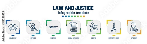 law and justice concept infographic design template. included police hat, divorce, shotgun, scroll with law, corpse, butterfly knife, attorney icons and 7 option or steps.