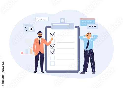 Boss pointing at checklist with complete and failure tasks