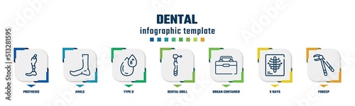 dental concept infographic design template. included prothesis, ankle, type b, dental drill, organ container, x rays, forcep icons and 7 option or steps.