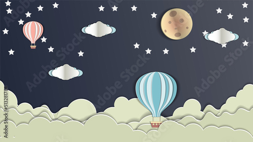 a postcard in the papercut style . the balloon is flying against the background of the sky, clouds and the moon. with space for text