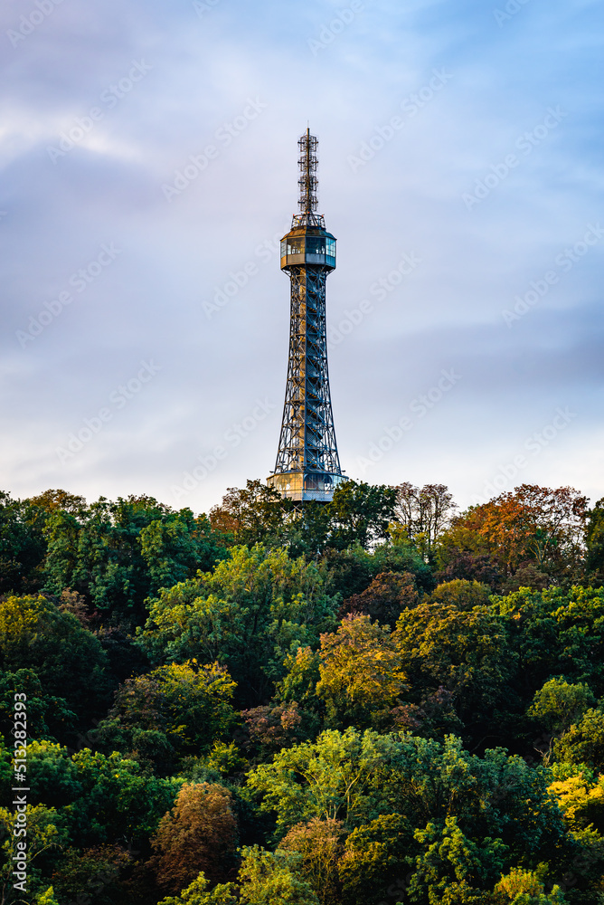 The Petrin lookout tower in Prague, Czechia in autumn.