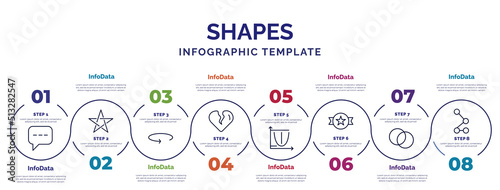 infographic template with icons and 8 options or steps. infographic for shapes concept. included oval speech bubble, 360, broken heart, parabola, trademark, circles, z icons.