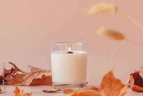 Burning vanilla candle on beige background. Warm aesthetic autumn composition with and dry leaves and flowers. Home comfort, spa, relax and wellness concept. Interior decoration