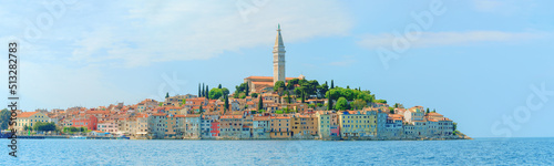 Worth seeing panoramic view of the old town of Rovinj from the sea side. Istria peninsula, Croatia