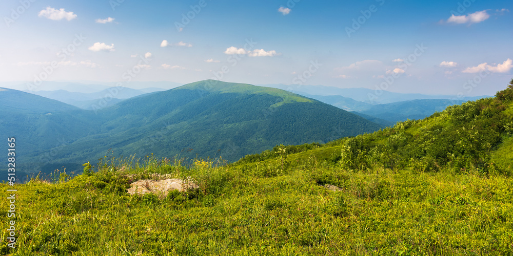 beautiful mountain landscape in summer. stones and rocks on a high alpine meadow. beautiful nature background with green grassy hill in evening light. scenic view in to the valley. sky with clouds