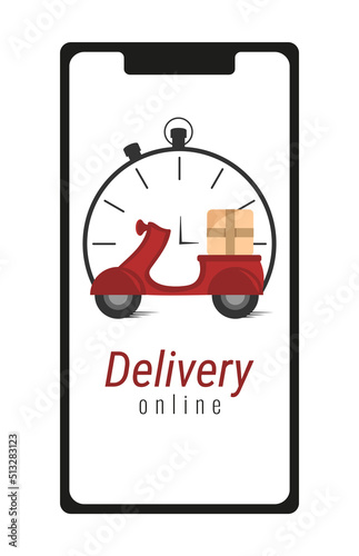 Delivery service. Online delivery. Red scooter. Phone with time and scooter. Online delivery application. Scooter delivery. Vector illustration