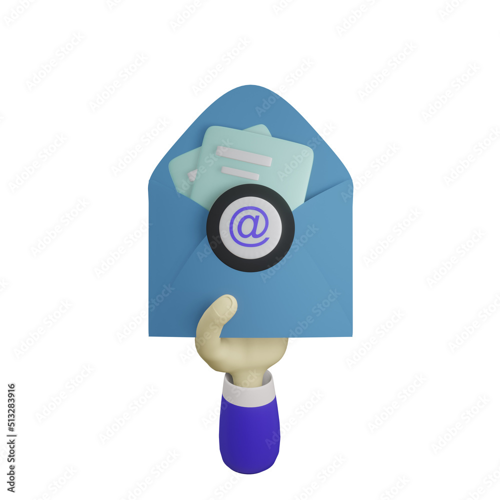 3D rendering of a hand carrying an open blue letter filled with paper 3D rendering of a hand carrying an open blue letter filled with paper