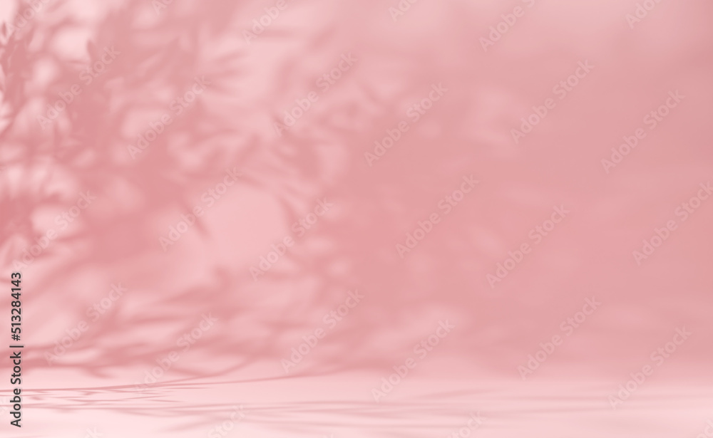 Premium abstract light pink wall summer background with leaves shadow
