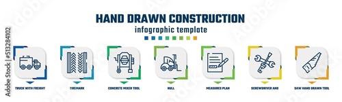 hand drawn construction concept infographic design template. included truck with freight, tiremark, concrete mixer tool, null, measures plan, screwdriver and doble wrench, saw hand drawn tool icons