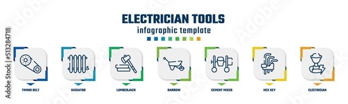 electrician tools concept infographic design template. included timing belt, radiator, lumberjack, barrow, cement mixer, hex key, electrician icons and 7 option or steps.