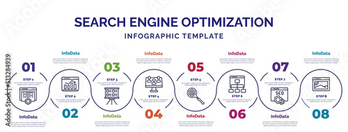 infographic template with icons and 8 options or steps. infographic for search engine optimization concept. included content, whiteboard, lead, search engine, sitemap, seo and web, image icons.