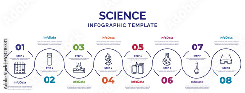 infographic template with icons and 8 options or steps. infographic for science concept. included tubes, submerge, burner, geometry, formula, volumetric flask, eye protector icons.