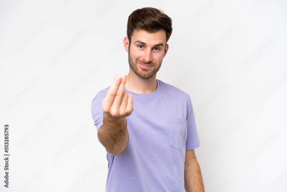 Young caucasian man isolated on white background making money gesture Young caucasian man isolated on white background making money gesture