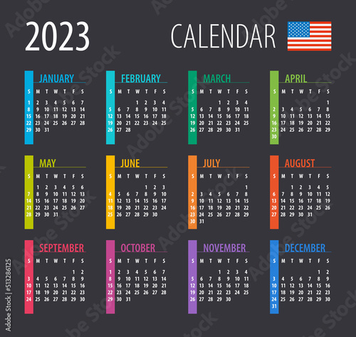 2023 Calendar - illustration. Template. Mock up. American version