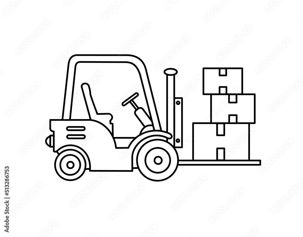 The loader carries the goods to the warehouse. Logistics and delivery. Linear vector illustration, icon.
