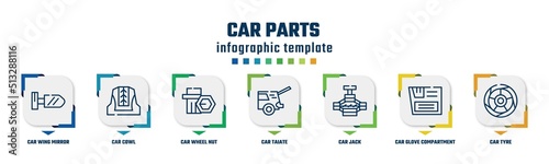 car parts concept infographic design template. included car wing mirror, car cowl, wheel nut, taiate, jack, glove compartment, tyre icons and 7 option or steps.