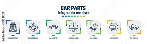 car parts concept infographic design template. included car bucket seat, car disc brake, hard top, fuel gauge, air bag, gearbox, soft top icons and 7 option or steps.