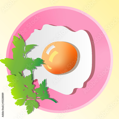 Scrambled eggs on a pink plate with parsley, illustration in the style of cut paper.
