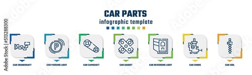 car parts concept infographic design template. included car crankshaft, car parking light, camshaft, gasket, reversing light, choke, coil icons and 7 option or steps.