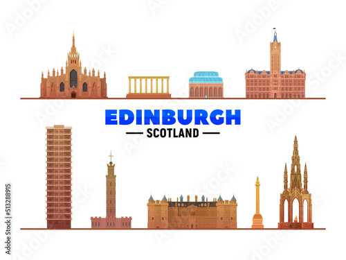 Edinburgh Scotland (UK) landmarks on white background. Vector Illustration. Business travel and tourism concept with modern buildings. Image for banner or web site.
