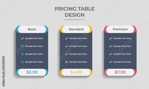 Modern looking pricing table design. Pricing Packages Comparison template vector. Price plan web hosting or service