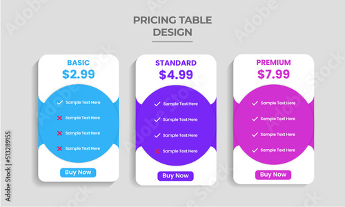 Modern looking pricing table design. Pricing Packages Comparison template vector. Price plan web hosting or service