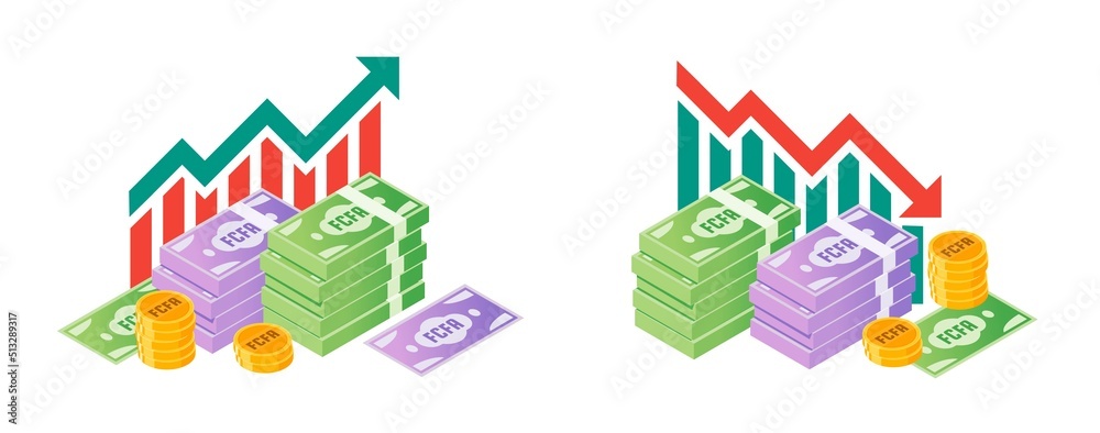 Central African CFA Franc Fluctuation with Money Bundle Illustrations Central African CFA Franc Fluctuation with Money Bundle Illustrations