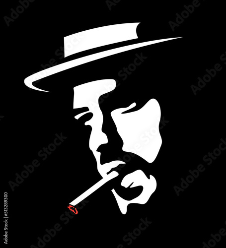 Chicago and Britain gangster mafia. Mysterious silhouette face of a man in a hat who smokes a cigar. Portrait for poster idea. Italian mafia.