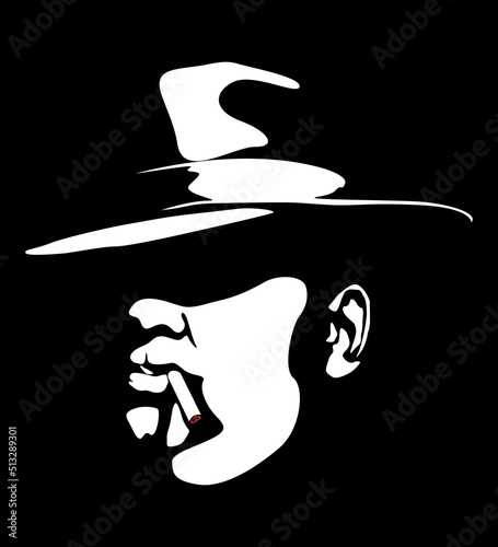 Chicago and Britain gangster mafia. Mysterious silhouette face of a man in a hat who smokes a cigar. Portrait for poster idea. Italian mafia.