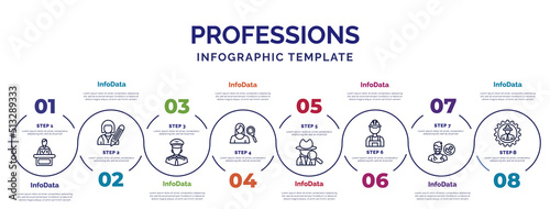 infographic template with icons and 8 options or steps. infographic for professions concept. included software developer, pilot, hr specialist, detective, builder, podiatrist, mechanical engineer