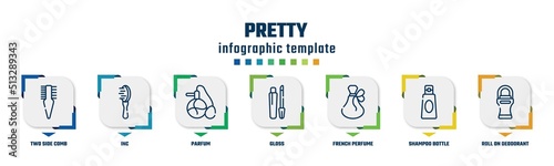 pretty concept infographic design template. included two side comb, inc, parfum, gloss, french perfume, shampoo bottle, roll on deodorant icons and 7 option or steps.
