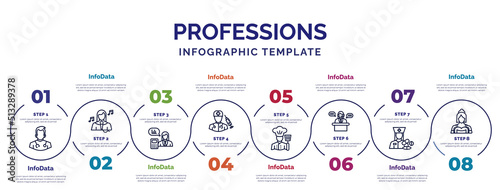 infographic template with icons and 8 options or steps. infographic for professions concept. included doctor, actuary, surgeon, cooker, secretary, pharist, maid icons.