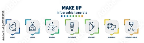 make up concept infographic design template. included implant, cologne, skin care, tooth paste, otoplasty, lemon slice, eyelashes curler icons and 7 option or steps.