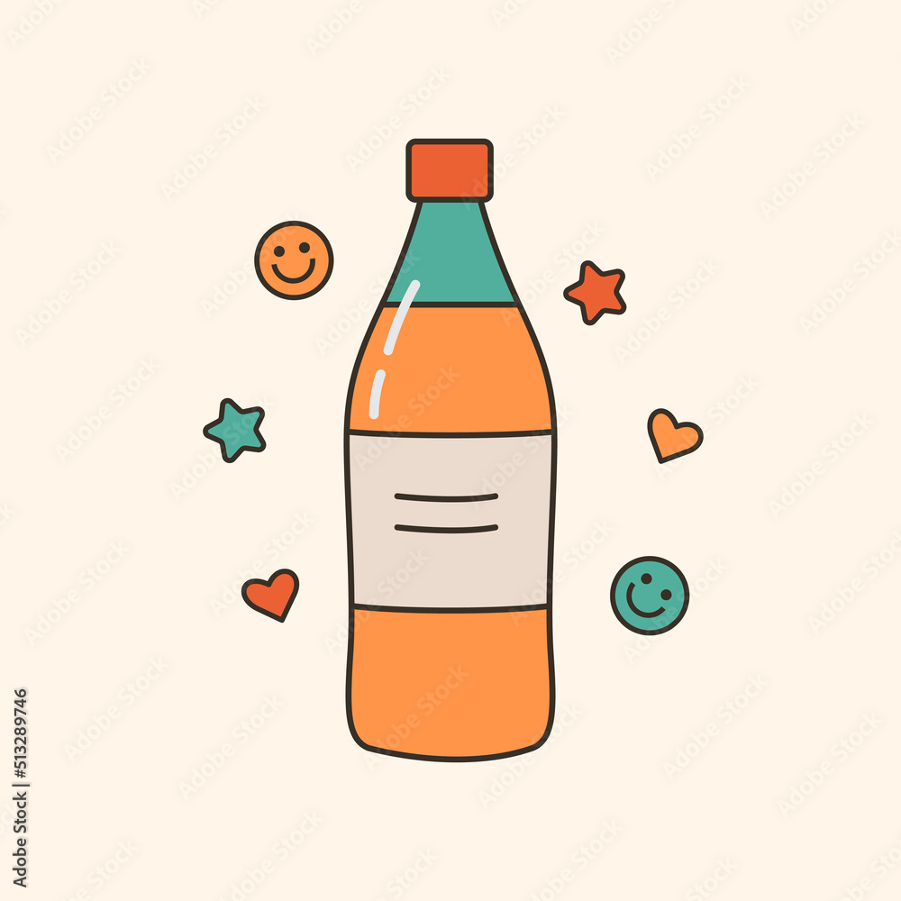 Glass bottle with orange soda. 80s, 90s vibes funky element. Refreshing beverage oldschool vector illustration