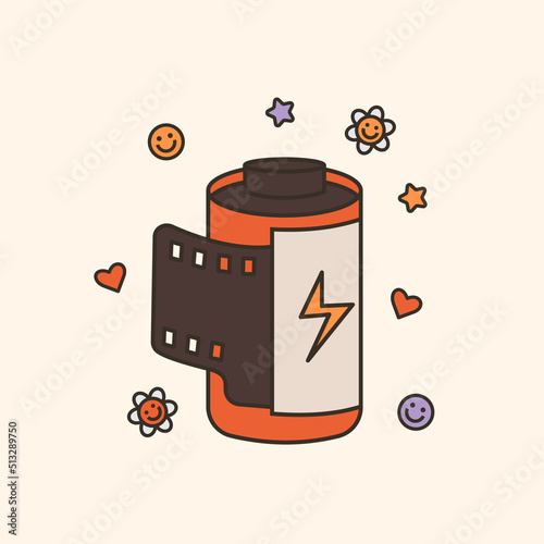 Vector illustration of 90s photo tape. Cartoon photography equipment. Picture camera film roll. Trendy oldschool icon