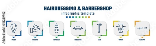 hairdressing & barbershop concept infographic design template. included pluck, hygienic, remover, seductive, cane, waist, hair pin icons and 7 option or steps.