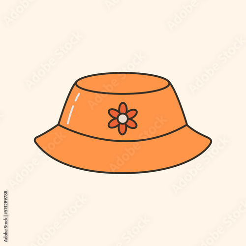 Vector illustration of cute 90s panama hat with flower. Cartoon head accessory with daisy. Sun protection headwear. Trendy oldschool icon