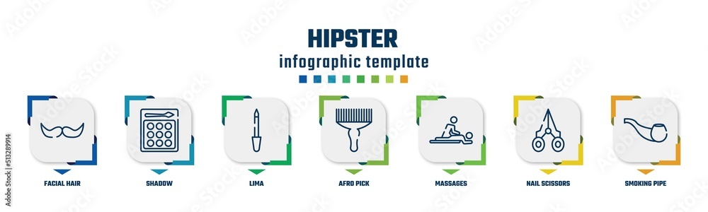 hipster concept infographic design template. included facial hair, shadow, lima, afro pick, massages, nail scissors, smoking pipe icons and 7 option or steps.